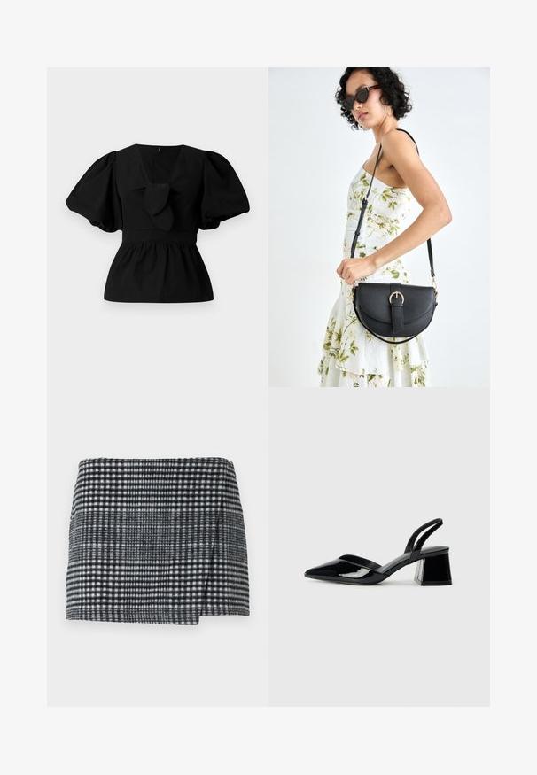 Blusa de algodão preta com decote em V, mangas bufantes e um detalhe atado na cintura. O corpete é pregueado para criar uma forma de peplum.; Saia curta em lã com padrão pied-de-poule preto e branco, corte reto com uma ligeira assimetria na bainha e tecido texturizado.; Sandy em verniz preto com salto slingback, ponta afilada e salto geométrico. Apresenta um design elegante e minimalista com textura suave.; Bolsa de couro preta com forma curva, alça destacável e detalhes em dourado. A bolsa possui uma aba com detalhe de fivela.