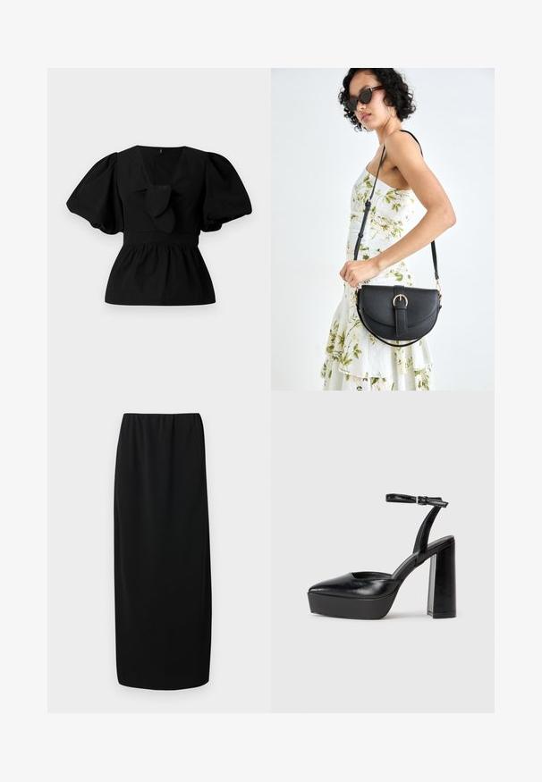 Melnas kokvilnas blūze ar V-veida kakla izgriezumu, puffam līdzīgām piedurknēm un saites akcentu viduklī. Krūšu daļa ir savākta, veidojot pepluma siluetu.; Melnā midi svārku ar elastīgu jostu. Izgatavoti no gludas auduma, tai ir taisna griezuma siluets un bez papildu rakstiem vai rotājumiem.; Melnas platformas papēžs ar norādītu purngala formu un regulējamu potītes siksniņu. Izgatavotas no gludas ādas, ar masīvu bloku papēdi.; Melnas ādas rokassoma ar izliekta formu, noņemamu siksnu un zelta aksesuāriem. Somai ir vāciņš ar sprādzes detaļu.