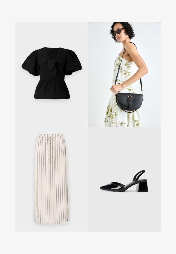 Črna bombažna bluzica z V-izrezom, nabranimi rokavi in veznim poudarkom v pasu. Bodice je nabrana za peplumski kroj.; Svetlo bež lanena krila z navpičnimi temnimi črtami, elastičen pas in vrvica za zategovanje. Ima stranski razporek na robu za lažje gibanje.; Črne lakirane slingback pete s koničastim nosom in geometrijsko blokasto peto. Imajo eleganten, minimalističen dizajn in gladko teksturo.; Črna usnjena torbica s ukrivljeno obliko, z odstranljivo naramnico in zlatimi dodatki. Torbica ima pokrov s podrobnostmi v obliki zaponke.
