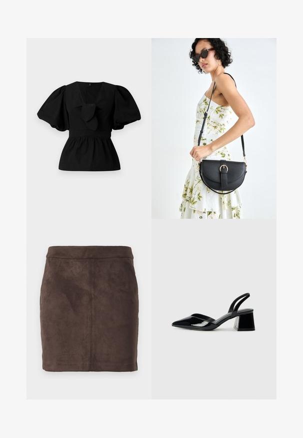 Svart bomullsblus med V-hals, puffärmar och en knytaccent i midjan. Bodyn är skrynklad för en peplumform.; Brun mockaskinn mini kjol med en slät yta, tapered design och en platt midja, med vertikala sömmar för struktur.; Svarta lackläder slingback klackar med spetsig tå och geometrisk klack. Har en elegant, minimalistisk design och slät yta.; Svart läderhandväska med en böjd form, avtagbar rem och guldiga detaljer. Väskan har ett lock med en spänndetalj.
