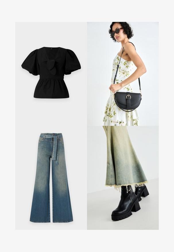 Black cotton blouse featuring a V-neck, puff sleeves, and a tie accent at the waist. The bodice is gathered for a peplum shape.; Wide-leg denim trousers featuring a light to dark blue gradient, high waist, belt loops, and a matching fabric belt. Textured denim finish.; Black leather ankle boots with a chunky textured sole, paired with a faded denim skirt featuring frayed edges. Zipper detail on the side.; Black leather handbag with a curved shape, detachable strap, and gold hardware. The bag features a flap with a buckle detail.