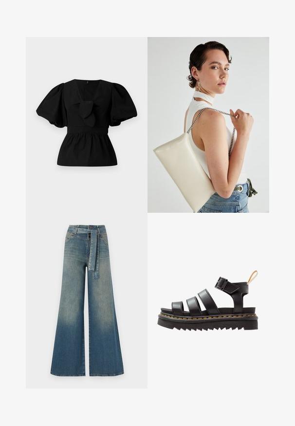 Czarna bawełniana bluzka z dekoltem w kształcie litery V, bufiastymi rękawami oraz akcentem w postaci wiązania w pasie. Górna część jest marszczona, co nadaje jej kształt peplum.; Szerokie spodnie dżinsowe z gradientem od jasnoniebieskiego do ciemnoniebieskiego, wysokim stanem, szlufkami na pasek oraz pasującym paskiem z tkaniny. Teksturowany wykończenie dżinsu.; Czarne skórzane sandały z trzema szerokimi paskami, regulowanym zapięciem, masywną podeszwą z bieżnikiem oraz żółtym przeszyciem wzdłuż krawędzi.; Biała prostokątna kopertówka wykonana z błyszczącego materiału, z srebrnym łańcuszkiem. Modelka pozuje, prezentując torebkę na jednolitym tle.
