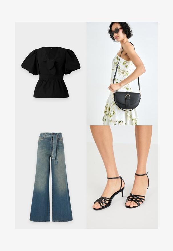 Blusa de algodón negra con escote en V, mangas abullonadas y un lazo en la cintura. El pecho está fruncido para dar forma de peplum.; Pantalones de mezclilla de pierna ancha con un degradado de azul claro a oscuro, cintura alta, trabillas para cinturón y un cinturón de tela a juego. Acabado de mezclilla texturizada.; Sandalias de tacón alto negras con tiras, de textura brillante. Correa en el tobillo con hebilla. Diseño de punta abierta con detalles entrecruzados.; Bolso de piel negra con forma curva, correa desmontable y herrajes dorados. El bolso cuenta con una solapa con un detalle de hebilla.