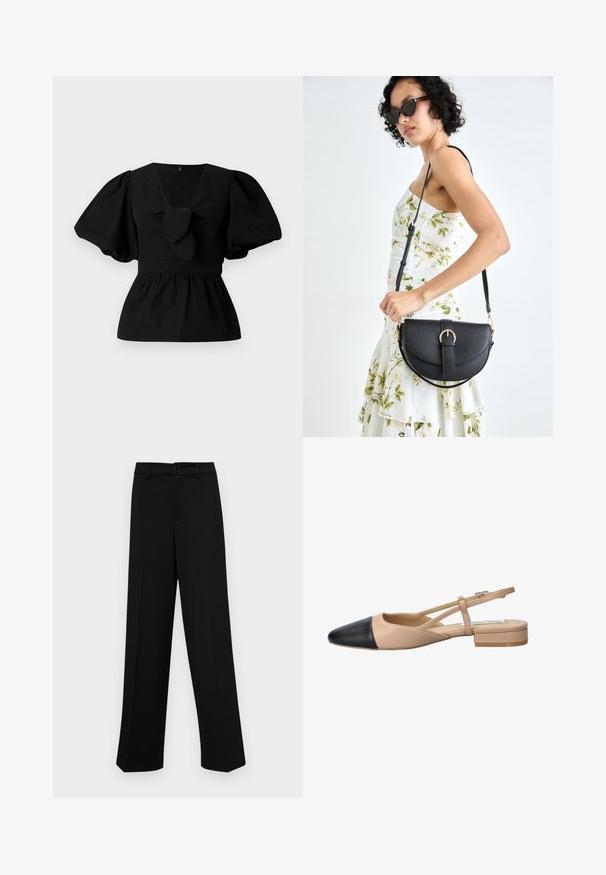 Black cotton blouse featuring a V-neck, puff sleeves, and a tie accent at the waist. The bodice is gathered for a peplum shape.; Black wide-leg trousers made of smooth fabric, featuring a classic waistband with a button closure and front pleats.; Beige and black two-tone slingback shoe with a pointed toe, flat heel, and crisscross strap detail. Smooth leather texture.; Black leather handbag with a curved shape, detachable strap, and gold hardware. The bag features a flap with a buckle detail.