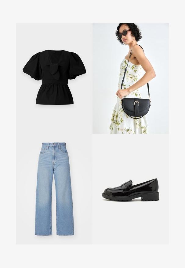 Blouse en coton noir avec un col en V, des manches bouffantes et un détail à nouer à la taille. Le corsage est froncé pour une forme peplum.; Jean large taille haute bleu clair avec bouton et fermeture éclair à l'avant, poches avant et arrière, sur fond blanc.; Mocassins en cuir verni noir avec un bout arrondi, une sangle décorative sur le cou-de-pied et une semelle en caoutchouc épaisse avec un motif de relief.; Sac à main en cuir noir avec une forme courbée, bandoulière amovible et des accessoires en or. Le sac est doté d'un rabat avec un détail de boucle.