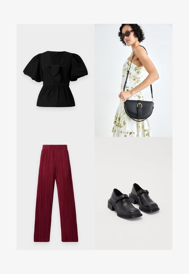 Blusa de algodão preta com decote em V, mangas bufantes e um detalhe atado na cintura. O corpete é pregueado para criar uma forma de peplum.; Calças largas plissadas em cor bordeaux com cintura elástica. O tecido texturizado apresenta riscas verticais. Corte reto até à bainha.; Sapatos de couro pretos com um bico redondo, sola plana e uma fita com detalhe de fivela. Salto bloco robusto para maior estabilidade.; Bolsa de couro preta com forma curva, alça destacável e detalhes em dourado. A bolsa possui uma aba com detalhe de fivela.