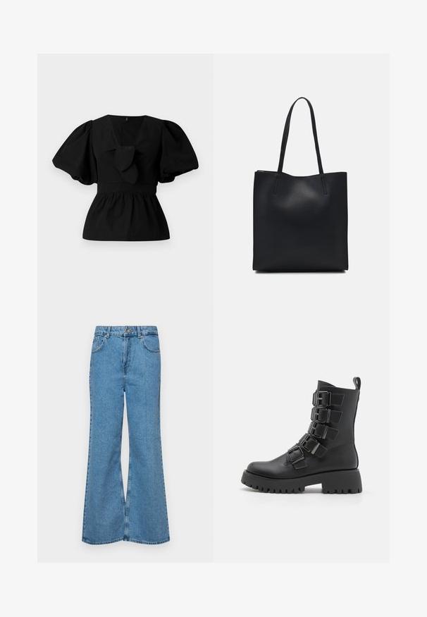 Bluză neagră din bumbac cu decolteu în V, mâneci tip puff și accent cu funda în talie. Bustul este adunat pentru un aspect peplum.; Jeanși evazați de culoare albastru deschis, din denim, cu talie înaltă, cinci buzunare și închidere cu un singur buton. Textură moale cu un finisaj decolorat.; Botine negre din piele, cu mai multe catarame metalice, o talpă groasă și o bandă de tragere în spate.; Geantă tote neagră din piele, cu textură netedă, formă rectangulară și două mânere lungi. Fără hardware vizibil sau ornamente.