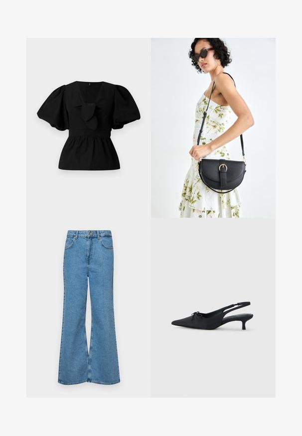 Crna pamučna bluzica s V-izrezom, napuhanim rukavima i naglaskom u obliku kravate na struku. Gornji dio je nabrčan za peplum oblik.; Svijetloplave traperice s flared nogavicama, visokog struka, s pet džepova i jednim dugmetom za zatvaranje. Mekani materijal s izblijedjelim izgledom.; Crne slingback štikle s šiljastim vrhom, teksturiranom tkaninom, malim mašnom sprijeda i umjerenom kitten petom.; Crna kožna torba s lukovitim oblikom, odvojivim remenom i zlatnim detaljima. Torba ima preklop s kopčom.