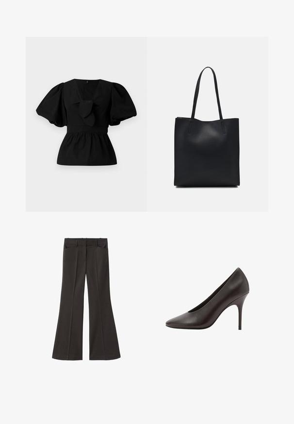 Čierna bavlnená blúzka s výstrihom do V, s balónovými rukávmi a viazaním v oblasti pásu. Hrudník je zhrnutý pre peplum tvar.; Čierne rozšírené nohavice s vysokým pásom; majú dve bočné vrecká a hladkú textúru látky. Vhodné na rôzne príležitosti.; Čierne kožené lodičky s špicatou špičkou a tenkým stiletto opätkom, s hladkým povrchom, zobrazené zboku.; Čierna kožená taška na rameno s hladkým povrchom, obdĺžnikovým tvarom a dvoma dlhými uchami. Bez viditeľného kovania alebo ozdôb.