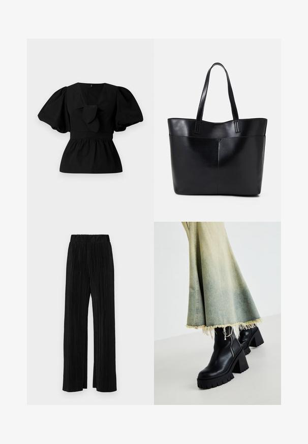 Black cotton blouse featuring a V-neck, puff sleeves, and a tie accent at the waist. The bodice is gathered for a peplum shape.; Black pleated trousers with an elastic waistband. Features wide legs and a smooth, textured fabric with vertical stripes.; Black leather ankle boots with a chunky textured sole, paired with a faded denim skirt featuring frayed edges. Zipper detail on the side.; Black leather tote bag with two long handles, a smooth texture, and a structured shape. Features a front pocket for additional storage.