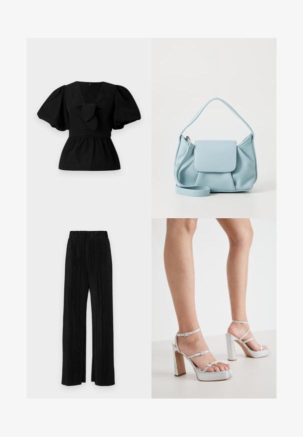 Blusa de algodón negra con escote en V, mangas abullonadas y un lazo en la cintura. El pecho está fruncido para dar forma de peplum.; Pantalones negros de pliegues con una cintura elástica. Presentan piernas anchas y una tela suave y texturada con rayas verticales.; Sandalias de tacón alto de plataforma plateada con correas para el tobillo, material texturizado, tacón ancho en bloque y hebillas ajustables.; Bolso de mano de cuero azul claro con un asa en la parte superior, bolsillo con solapa en el frente y correa para la muñeca desmontable sobre un fondo blanco.