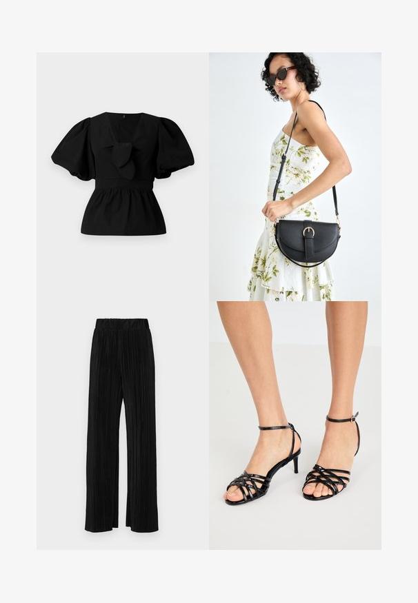 Blouse en coton noir avec un col en V, des manches bouffantes et un détail à nouer à la taille. Le corsage est froncé pour une forme peplum.; Pantalons plissés noirs avec une taille élastique. Présente des jambes larges et un tissu lisse texturé avec des rayures verticales.; Sandales à talons hauts noires avec texture brillante. Bride de cheville avec boucle. Design à bout ouvert avec des détails entrecroisés.; Sac à main en cuir noir avec une forme courbée, bandoulière amovible et des accessoires en or. Le sac est doté d'un rabat avec un détail de boucle.