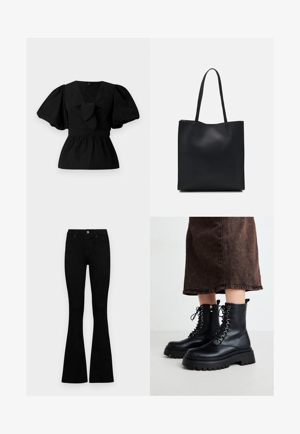 Fekete pamut blúz V nyakkivágással, puffos ujjakkal és derékon megkötős díszítéssel. A felső rész ráncolt a peplum forma érdekében.; Fekete, magas derekú farmernadrág gomb- és cipzárzárral, elülső zsebekkel és harangszárral, laposan egy fehér háttérre terítve.; Fekete bőr bokacsizma masszív talppal, fűzős elejével és oldalsó cipzárral. Ezüst szemekkel és sima textúrával rendelkezik.; Fekete bőrtáska sima felszínnel, téglalap alakú, két hosszú füllel. Nincs látható fémkiegészítő vagy díszítés.