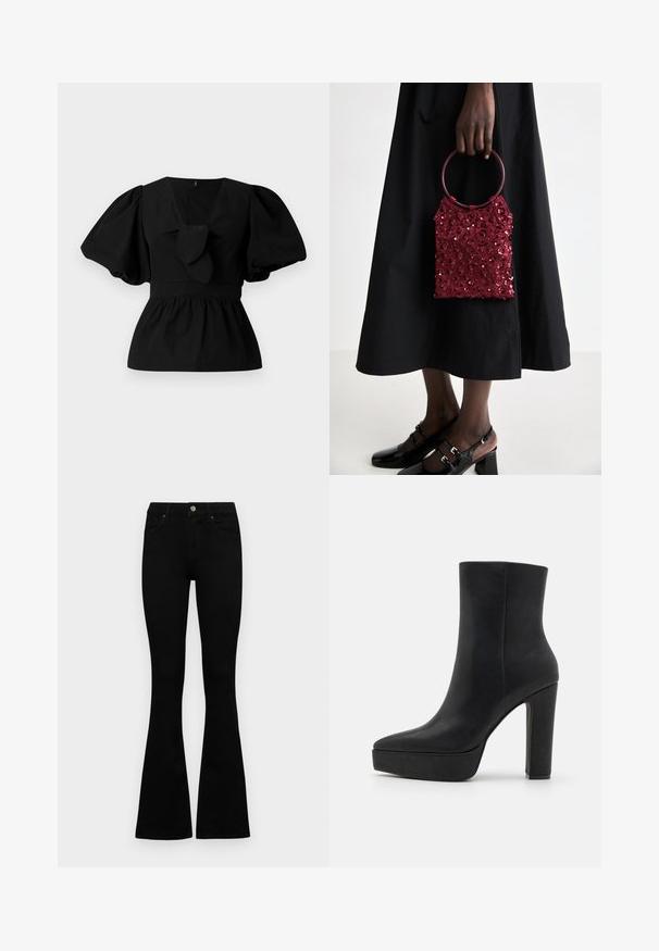 Melnas kokvilnas blūze ar V-veida kakla izgriezumu, puffam līdzīgām piedurknēm un saites akcentu viduklī. Krūšu daļa ir savākta, veidojot pepluma siluetu.; Melni augsta jostas šorti ar pogu un rāvējslēdzēju, priekšējām kabatām un izplestām kājām, nolikti uz balta fona.; Melnas potītes zābaciņš ar smailu purngalu, izgatavots no gludas ādas. Tam ir masīla augsta papēža un platformas zole papildu augstumam.; Bordo spīdīga rokassomu ar apaļu rokturi, taisnstūra formā un ar teksturētu virsmu; savienota ar melnu svārku un spīdīgām melnām kurpēm.