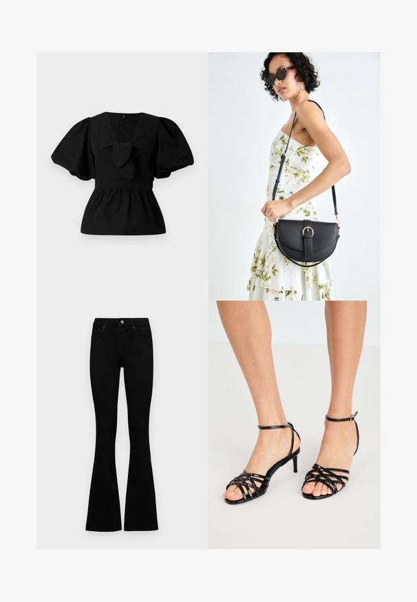 Fekete pamut blúz V nyakkivágással, puffos ujjakkal és derékon megkötős díszítéssel. A felső rész ráncolt a peplum forma érdekében.; Fekete, magas derekú farmernadrág gomb- és cipzárzárral, elülső zsebekkel és harangszárral, laposan egy fehér háttérre terítve.; Fekete, pántos, magassarkú szandálok fényes felülettel. Bokapánt csattal. Nyitott orrú dizájn keresztbe húzódó díszítéssel.; Fekete bőrtáska ívelt formával, levehető pánttal és arany színű fémrészekkel. A táskán egy csattal díszített fedél található.