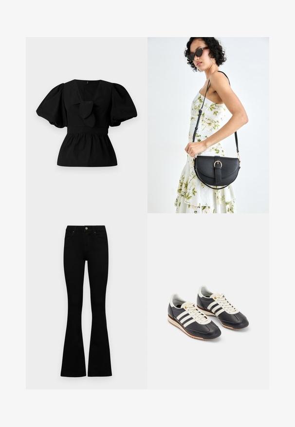 Black cotton blouse featuring a V-neck, puff sleeves, and a tie accent at the waist. The bodice is gathered for a peplum shape.; Black high-waist jeans with a button and zip closure, front pockets, and flared legs laid flat on a white background.; Navy leather sneakers with white stripes, featuring a rounded toe, laced closure, and gum rubber outsole for traction.; Black leather handbag with a curved shape, detachable strap, and gold hardware. The bag features a flap with a buckle detail.