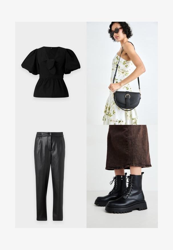 Black cotton blouse featuring a V-neck, puff sleeves, and a tie accent at the waist. The bodice is gathered for a peplum shape.; Black leather pants with a smooth texture, straight fit, elastic waistband, and a front button closure; pleated detailing and tapered legs.; Black leather ankle boots with a chunky sole, lace-up front, and side zipper. Features silver eyelets and a smooth texture.; Black leather handbag with a curved shape, detachable strap, and gold hardware. The bag features a flap with a buckle detail.