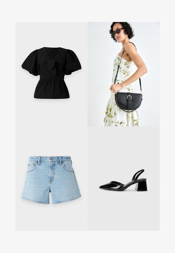 Juoda medvilninė bliuska su V formos iškirpte, pūstomis rankovėmis ir juosmens raiščiu. Viršutinė dalis suglebusi, sukurianti peplumo formą.; Šviesiai mėlynos džinsinės šortai su klasikiniu penkių kišenių dizainu, siuvinėjimo akcentais ir drėgnomis užbaigimo kraštinėmis. Yra metalinis mygtukas ir užtrauktukas.; Juodos lakuotos odinės šlepetės su smailiu pirštu ir geometriniu bloko kulnu. Turi elegantišką, minimalistinį dizainą ir lygų paviršių.; Juodas odinis krepšys su išlenkta forma, nuimamu dirželiu ir auksiniais detalėmis. Krepšys turi kilpą su sagtimi.