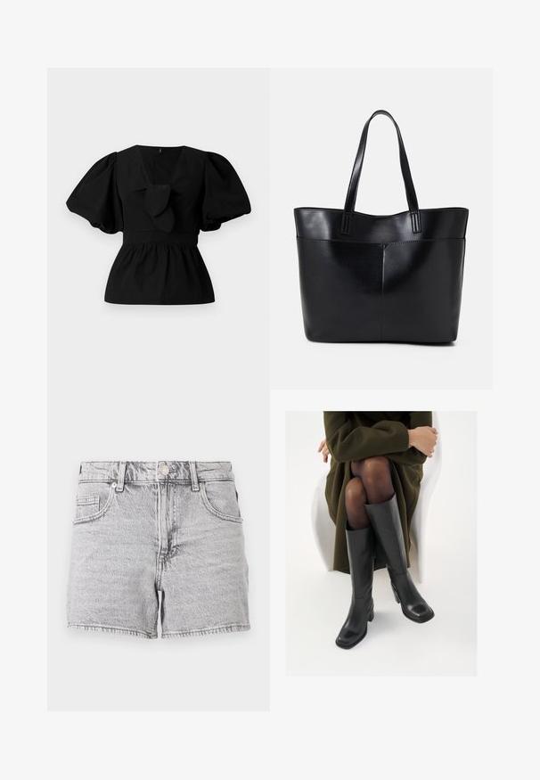 Črna bombažna bluzica z V-izrezom, nabranimi rokavi in veznim poudarkom v pasu. Bodice je nabrana za peplumski kroj.; Sive denim kratke hlače z visokim pasom, petimi žepi in raztrganim robom. Blago ima mehak otip in bledkasto podobo.; Črne usnjene čevlje do kolen s kvadratnim prstom in blok peto, prikazani na modelu, ki sedi v olivno zeleni plašču. Gladka tekstura, minimalne podrobnosti.; Črna usnjena torba z dvema dolgima ročajema, gladko teksturo in strukturirano obliko. Ima sprednji žep za dodatno shranjevanje.