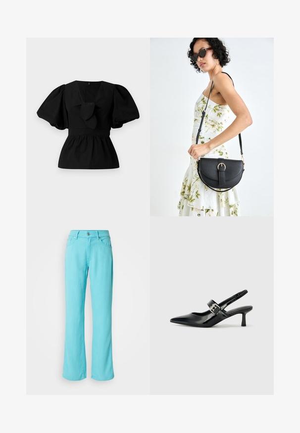 Black cotton blouse featuring a V-neck, puff sleeves, and a tie accent at the waist. The bodice is gathered for a peplum shape.; Light blue, wide-leg jeans made of denim. Features a button and zipper closure, five pockets, and stitched detailing at the hem.; Black patent leather slingback heels with a pointed toe and a small block heel, featuring a silver buckle accent on the strap.; Black leather handbag with a curved shape, detachable strap, and gold hardware. The bag features a flap with a buckle detail.