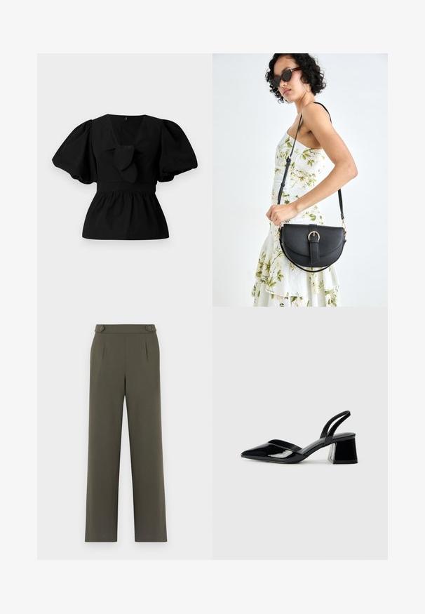Black cotton blouse featuring a V-neck, puff sleeves, and a tie accent at the waist. The bodice is gathered for a peplum shape.; Olive green trousers with a straight-leg design, featuring two buttons at the waist and front pleats for added detail.; Black patent leather slingback heels with a pointed toe and a geometric block heel. Features a sleek, minimal design and smooth texture.; Black leather handbag with a curved shape, detachable strap, and gold hardware. The bag features a flap with a buckle detail.