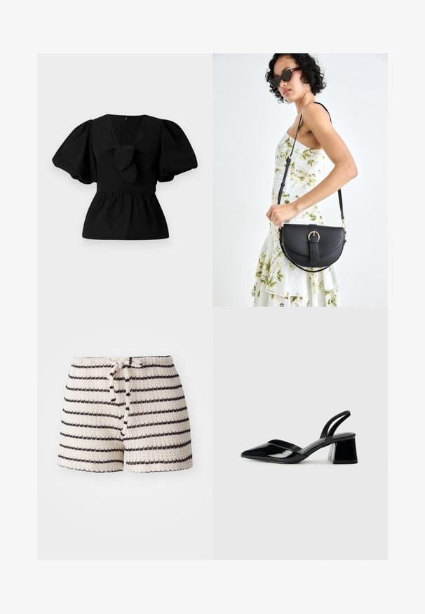 Bluză neagră din bumbac cu decolteu în V, mâneci tip puff și accent cu funda în talie. Bustul este adunat pentru un aspect peplum.; Pantaloni scurți tricotati în crem cu dungi negre. Prezintă un sistem de ajustare prin șnur la talie și un material texturat. Design scurt, casual.; Pantofi cu toc slingback din piele lacuită neagră, cu vârf ascuțit și toc geometric. Prezintă un design elegant, minimalist și o textură netedă.; Geantă din piele neagră, cu o formă curbată, curea detașabilă și accesorii aurii. Geanta are un capac cu un detaliu tip cataramă.