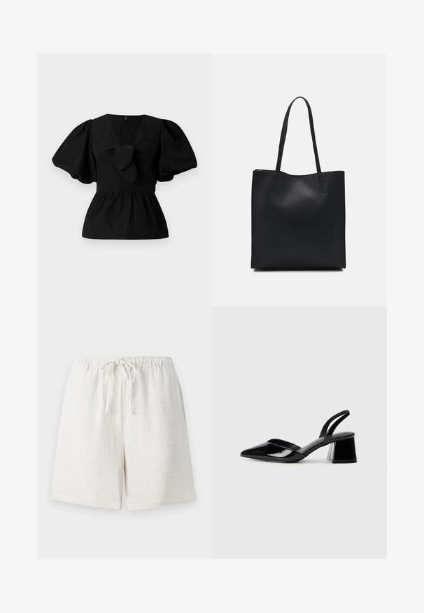Black cotton blouse featuring a V-neck, puff sleeves, and a tie accent at the waist. The bodice is gathered for a peplum shape.; Linen shorts in a creamy white color with an elastic waistband and drawstring. Features a textured surface and loose-fitting design.; Black patent leather slingback heels with a pointed toe and a geometric block heel. Features a sleek, minimal design and smooth texture.; Black leather tote bag with smooth texture, rectangular shape, and two long handles. No visible hardware or embellishments.