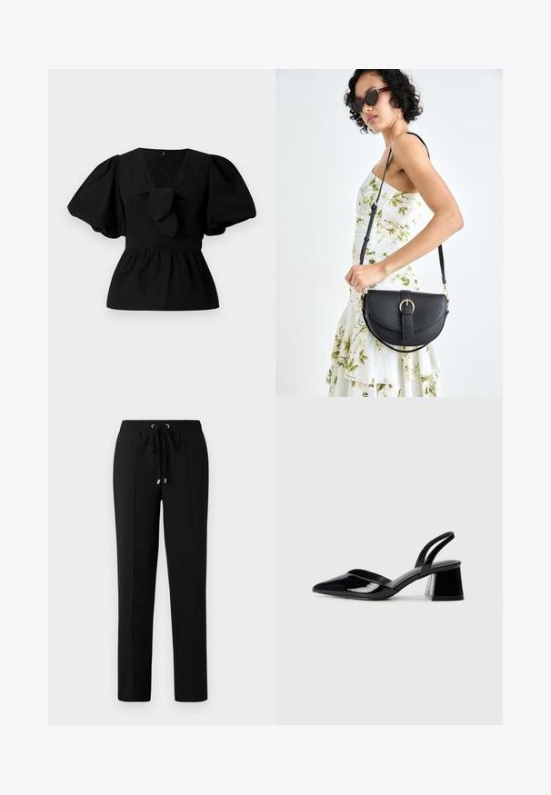 Blusa de algodón negra con escote en V, mangas abullonadas y un lazo en la cintura. El pecho está fruncido para dar forma de peplum.; Pantalones negros con una cintura elástica, cordón de ajuste y detalles de hardware dorado. La tela tiene una textura suave con un diseño de pierna recta.; Zapatos de tacón slingback de charol negro con punta afilada y tacón geométrico en bloque. Presentan un diseño elegante y minimalista, así como una textura suave.; Bolso de piel negra con forma curva, correa desmontable y herrajes dorados. El bolso cuenta con una solapa con un detalle de hebilla.