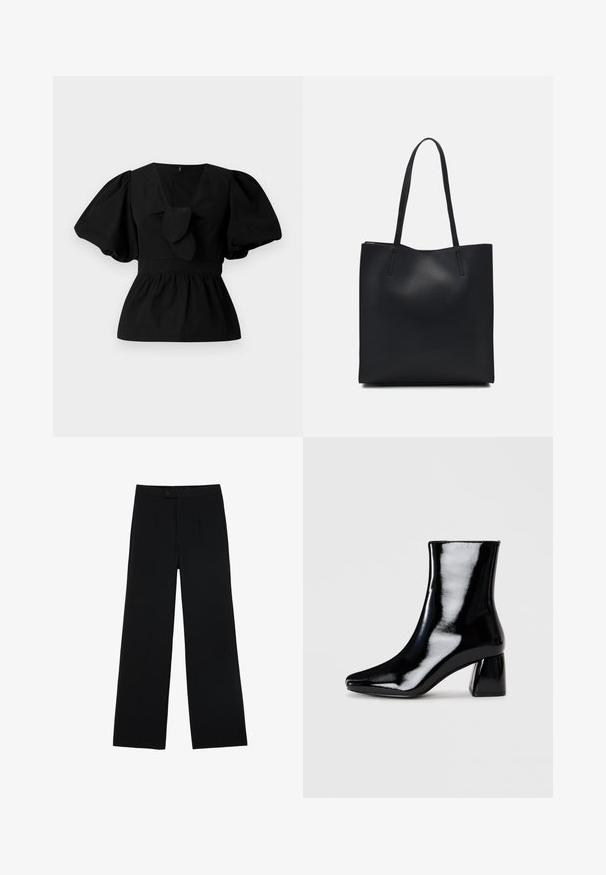Črna bombažna bluzica z V-izrezom, nabranimi rokavi in veznim poudarkom v pasu. Bodice je nabrana za peplumski kroj.; Črne široke hlače iz gladkega materiala, z zapiranjem na gumb spredaj in dvema naborkoma za dodaten detajl. Splošna zasnova je krojena.; Črne lakirane gležnjarje s koničastim nosom in kvadratnim blok peto. Gladka tekstura z visokim sijajem, brez vidnih okrasnih elementov.; Črna usnjena torba s svilnato teksturo, pravokotne oblike in dvema dolgima ročajema. Brez vidnih metalnih delov ali okrasnih elementov.