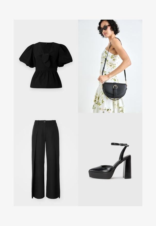 Czarna bawełniana bluzka z dekoltem w kształcie litery V, bufiastymi rękawami oraz akcentem w postaci wiązania w pasie. Górna część jest marszczona, co nadaje jej kształt peplum.; Czarne spodnie o szerokich nogawkach, wykonane z gładkiego materiału, z fałdami z przodu, pojedynczym zapięciem na guzik oraz szlufkami na pasek.; Czarne platformy na wysokim obcasie z szpiczastym noskiem i regulowanym paskiem na kostkę. Wykonane z gładkiej skóry, z grubym słupkowym obcasem.; Czarna skórzana torebka o zakrzywionym kształcie, z odpinanym paskiem i złotymi akcentami. Torebka posiada klapę z zapięciem w kształcie klamry.