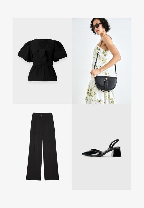 Blusa nera in cotone con scollatura a V, maniche a sbuffo e dettaglio con fiocco in vita. Il busto è arricciato per una forma a peplo.; Pantaloni neri a gamba larga con pieghe, dotati di chiusura con bottone e due tasche laterali; texture liscia con un design su misura.; Décolleté in vernice nera con punta affusolata e tacco in geometria cubica. Presentano un design elegante e minimalista, con una texture liscia.; Borsa a tracolla nera in pelle con una forma curva, manico rimovibile e accessori dorati. La borsa presenta una patta con un dettaglio a fibbia.