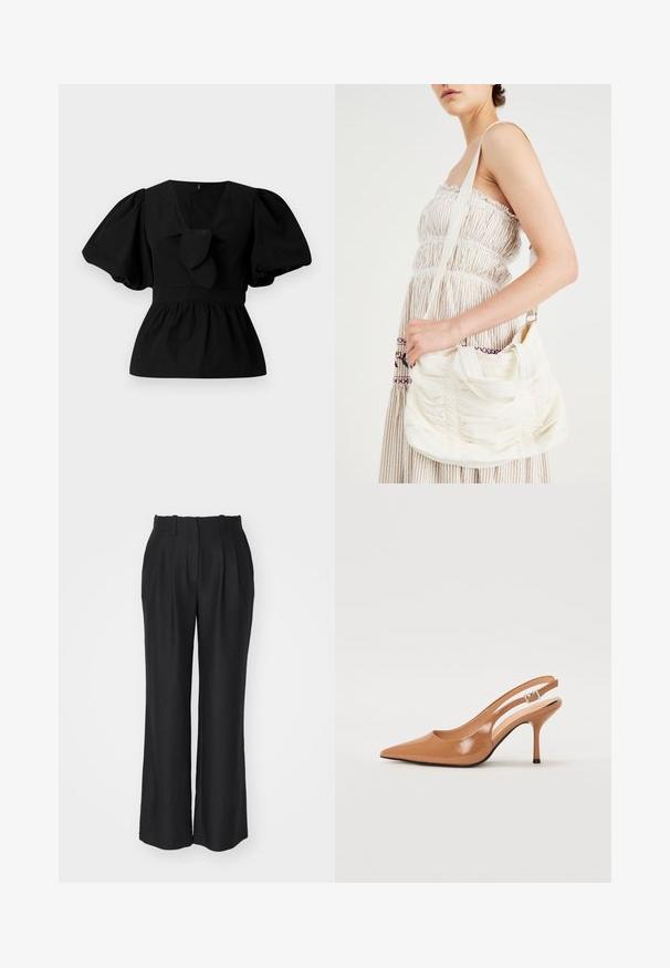 Black cotton blouse featuring a V-neck, puff sleeves, and a tie accent at the waist. The bodice is gathered for a peplum shape.; Black wide-leg trousers with a high waistband, featuring pleats, crafted from a smooth, textured fabric, with a straight cut to the hem.; Pointed toe slingback heel in a smooth, glossy tan material. Features a curved cutout design and a slender stiletto heel. Silver buckle detail.; White fabric shoulder bag with gathered texture, adjustable strap, and silver hardware. Displayed alongside a cream-colored dress.