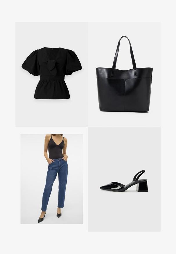 Must mustritud musta puuvillane pluus, millel on V-kaelus, puffvarrukad ja sõlmeaksent vööl. Bodice on kogutud, et luua peplumi kuju.; Tumed sinised kõrge vöökohtadega teksad sirgete jalgade lõikega, ees taskud ja nööp kinnitusega, koos musta ilma varrukateta bodiga.; Mustad musta lakknahk kingad, millel on terav varvas ja geomeetriline plokkkonts. Omab elegantselt minimalistlikku disaini ja sujuvat tekstuuri.; Must mustaga musta nahast, millel on kaks pikka kanda, sile tekstuur ja struktureeritud kuju. Esipoolsel on lisakoti jaoks tasku.