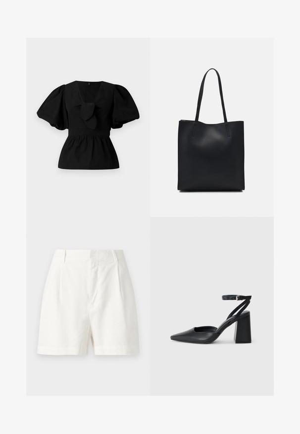 Čierna bavlnená blúzka s výstrihom do V, s balónovými rukávmi a viazaním v oblasti pásu. Hrudník je zhrnutý pre peplum tvar.; Biele ľanové šortky s prispôsobeným strihom, prednými záhybmi a hladkou textúrou. Dizajn obsahuje stredne vysoký pás a bočné vrecká.; Čierne kožené lodičky s špicatou špičkou a členkovým remienkom, s masívnym podpätkom. Hladký povrch, elegantný dizajn a minimalistická estetika.; Čierna kožená taška na rameno s hladkým povrchom, obdĺžnikovým tvarom a dvoma dlhými uchami. Bez viditeľného kovania alebo ozdôb.