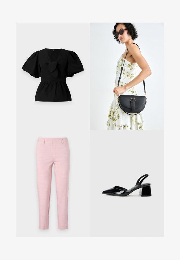 Melnas kokvilnas blūze ar V-veida kakla izgriezumu, puffam līdzīgām piedurknēm un saites akcentu viduklī. Krūšu daļa ir savākta, veidojot pepluma siluetu.; Gaiši rozā bikses, izgatavotas no tekstūrēta auduma. Tieši griezums ar jostu, priekšējām krokām un sašaurinātiem svārkiem. Nav redzamu kabatu.; Melna lakota āda ar atvērto papēdi, ar smailu purngalu un ģeometrisku blokpapēdi. Iezīmējas elegants, minimāls dizains un gluda tekstūra.; Melnas ādas rokassoma ar izliekta formu, noņemamu siksnu un zelta aksesuāriem. Somai ir vāciņš ar sprādzes detaļu.