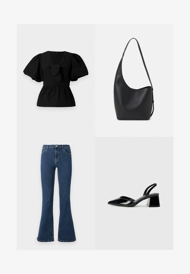 Crna pamučna bluzica s V-izrezom, napuhanim rukavima i naglaskom u obliku kravate na struku. Gornji dio je nabrčan za peplum oblik.; Ravne traperice od tamnoplave denima, s kopčanjem na gumb, pet džepova i kontrastnim šavovima. Glatka tekstura i široki kroj nogavica.; Crne lakirane kožne sandale s otvorenom petom i špicastim vrhom, s geometrijskom blok petom. Imaju elegantan, minimalistički dizajn i glatku teksturu.; Crna kožna hobo torba s glatkom teksturom, zakrivljenim oblikom i jednom podesivom trakicom; ima širok otvor na vrhu.