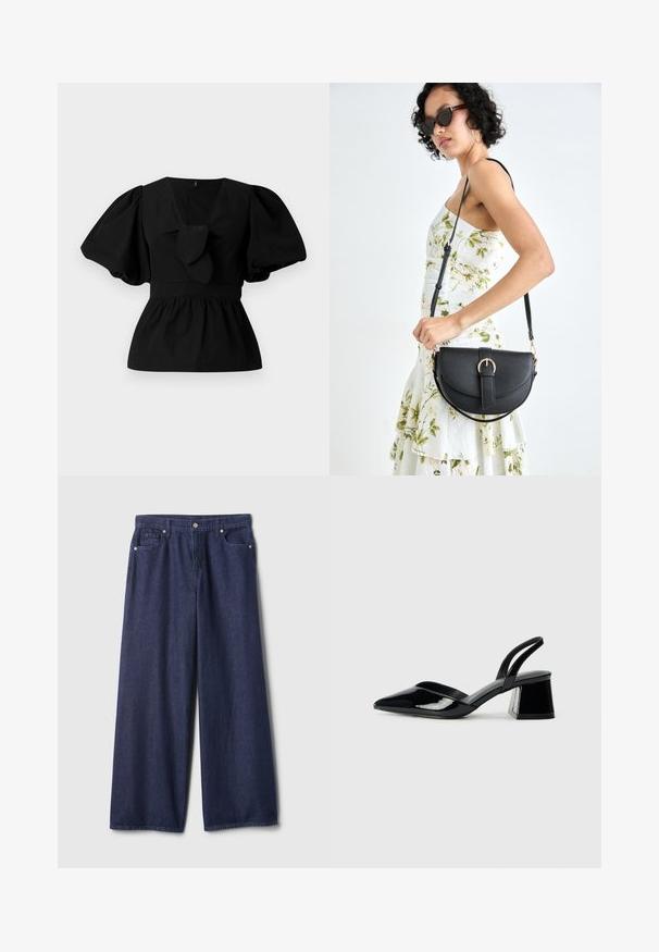 Blouse en coton noir avec un col en V, des manches bouffantes et un détail à nouer à la taille. Le corsage est froncé pour une forme peplum.; Jean denim bleu foncé à jambes larges avec une texture lisse, design à cinq poches, fermeture par bouton métallique et détails cousus le long des coutures.; Escarpins en cuir verni noir avec bout pointu et talon bloc géométrique. Présente un design élégant et minimaliste ainsi qu'une texture lisse.; Sac à main en cuir noir avec une forme courbée, bandoulière amovible et des accessoires en or. Le sac est doté d'un rabat avec un détail de boucle.