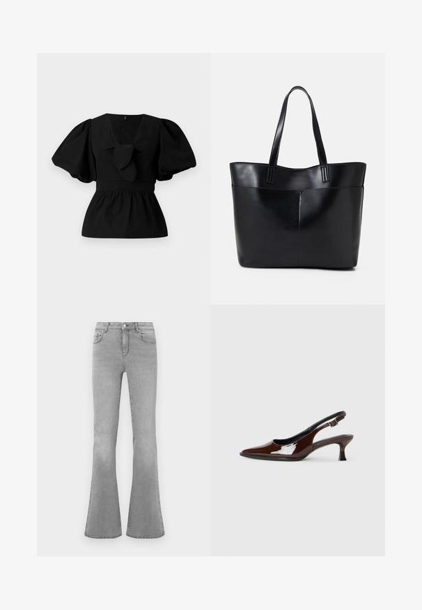 Must mustritud musta puuvillane pluus, millel on V-kaelus, puffvarrukad ja sõlmeaksent vööl. Bodice on kogutud, et luua peplumi kuju.; Hallid hallid teksad, mis on valmistatud denimist, klassikalise viie-tasku disainiga, lukuga esiosa ja õrnate fadeerimisdetailidega mööda jalgu.; Pruun patentnahast slingback tossud terava nina ja mõõduka kandega. Omab pandla rihma kindla istuvuse tagamiseks. Sile tekstuur.; Must mustaga musta nahast, millel on kaks pikka kanda, sile tekstuur ja struktureeritud kuju. Esipoolsel on lisakoti jaoks tasku.