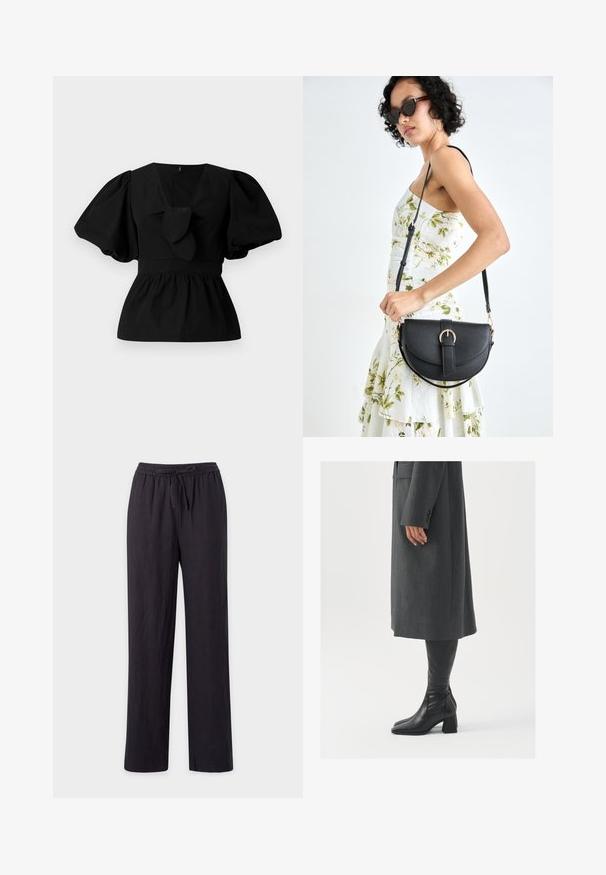 Black cotton blouse featuring a V-neck, puff sleeves, and a tie accent at the waist. The bodice is gathered for a peplum shape.; Black, lightweight, straight-leg pants with an elastic waistband and drawstring. Smooth texture, no visible patterns or hardware.; Gray, tailored overcoat with a straight cut; paired with knee-high black leather boots featuring a square toe and chunky heel.; Black leather handbag with a curved shape, detachable strap, and gold hardware. The bag features a flap with a buckle detail.