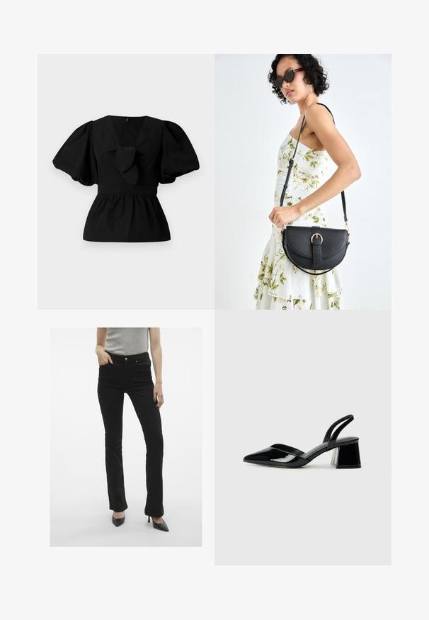 Blusa de algodón negra con escote en V, mangas abullonadas y un lazo en la cintura. El pecho está fruncido para dar forma de peplum.; Vaqueros de campana negros con una textura lisa, diseño de cinco bolsillos y cierre de botón de metal, combinados con tacones negros de punta.; Zapatos de tacón slingback de charol negro con punta afilada y tacón geométrico en bloque. Presentan un diseño elegante y minimalista, así como una textura suave.; Bolso de piel negra con forma curva, correa desmontable y herrajes dorados. El bolso cuenta con una solapa con un detalle de hebilla.