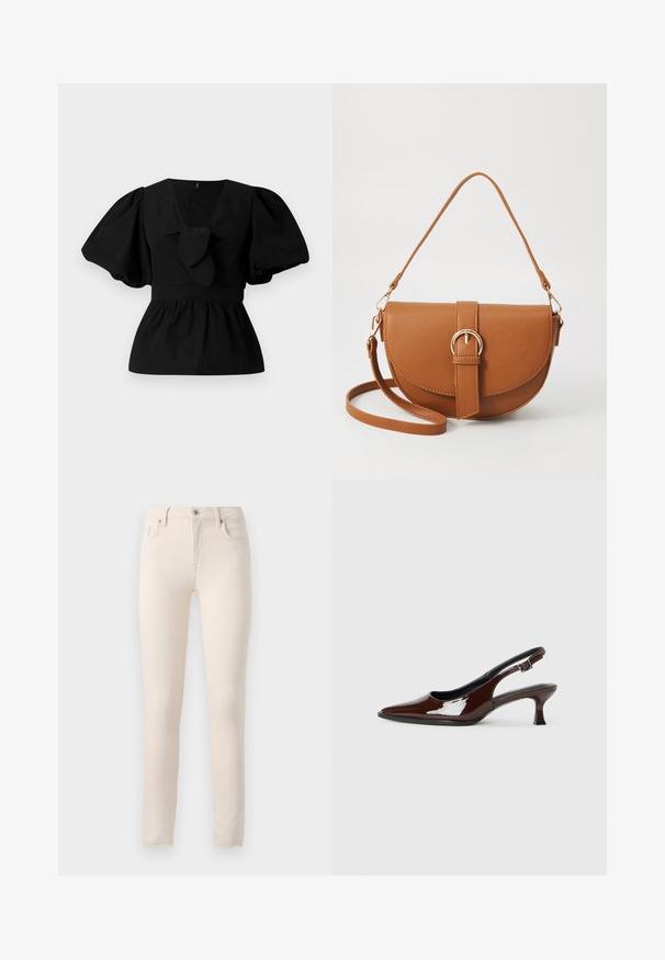 Černá bavlněná blůza se V-výstřihem, balónovými rukávy a ozdobným vázáním v oblasti pasu. Hrudník je nařasený, což vytváří peplum tvar.; Béžové skinny džíny vyrobené z bavlněné směsi. Mají klasický pětipocketový design, přední zip a zapínání na knoflík.; Hnědé lakované kožené slingback boty s špičatou špičkou a mírným podpatkem. Disponují přezkou pro bezpečné upevnění. Hladký povrch.; Hnědá kožená křížová taška s zakřiveným tvarem, zlatými detaily a akcentem s přezkou. Obsahuje odnímatelný popruh na rameno.