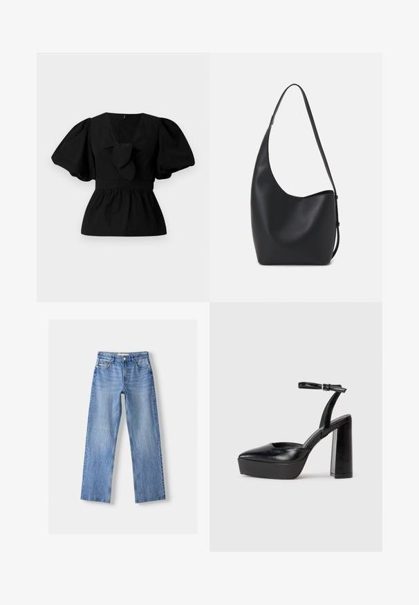 Črna bombažna bluzica z V-izrezom, nabranimi rokavi in veznim poudarkom v pasu. Bodice je nabrana za peplumski kroj.; Svijetloplave traperice ravnog kroja, s pet džepova, prednjim kopčanjem na dugme i suptilnim izbljeđivanjem za teksturu.; Črne platforme z visokimi petami in koničastim nosom ter nastavljivim gležnjenjskim trakom. Narejene iz gladke usnje, s kockasto peto.; Črna usnjena hobo torba z gladko teksturo, ukrivljeno obliko in eno nastavljivo naramnico; ima širok odprtina na vrhu.
