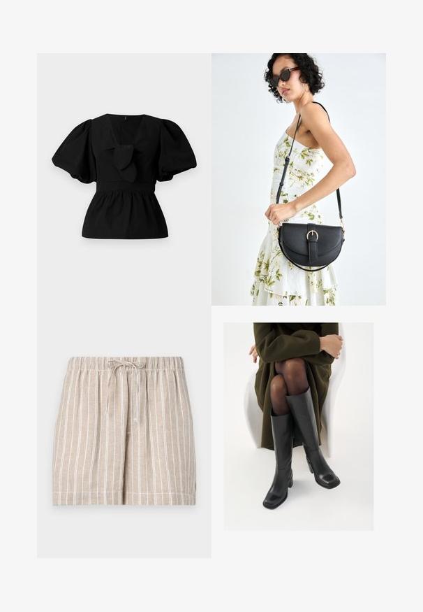 Crna pamučna bluzica s V-izrezom, napuhanim rukavima i naglaskom u obliku kravate na struku. Gornji dio je nabrčan za peplum oblik.; Bež kratke hlače od lana s bijelim vertikalnim prugama, elastičnim pojasom i vezicom. Opušteni dizajn ima šavove na rubovima i bočne džepove.; Čizme od crne kože do koljena sa četvrtastim vrhom i blok petom, prikazane s manekenkom koja sjedi u maslinasto zelenom kaputu. Glatka tekstura, minimalni detalji.; Crna kožna torba s lukovitim oblikom, odvojivim remenom i zlatnim detaljima. Torba ima preklop s kopčom.