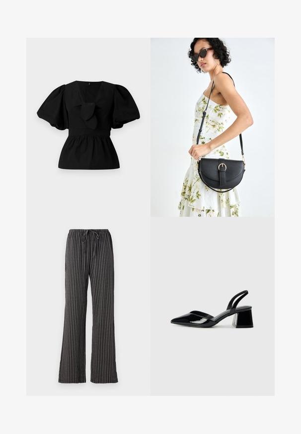 Must mustritud musta puuvillane pluus, millel on V-kaelus, puffvarrukad ja sõlmeaksent vööl. Bodice on kogutud, et luua peplumi kuju.; Ribadega püksid must-valgetes triipudes, millel on nööriga vöökoht, laiad jalad ja pehme, tekstuuriga kangas vertikaalsete joontega.; Mustad musta lakknahk kingad, millel on terav varvas ja geomeetriline plokkkonts. Omab elegantselt minimalistlikku disaini ja sujuvat tekstuuri.; Mustmust mustraha kõverate joontega, eemaldatava rihmaga ja kuldsete detailidega. Kotil on klapp, millel on pandladetail.