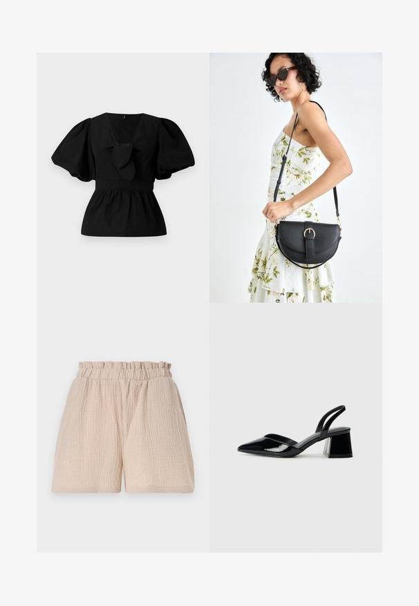 Black cotton blouse featuring a V-neck, puff sleeves, and a tie accent at the waist. The bodice is gathered for a peplum shape.; Light beige shorts with a crinkled texture and an elastic waistband. The design features a loose fit and no additional details or patterns.; Black patent leather slingback heels with a pointed toe and a geometric block heel. Features a sleek, minimal design and smooth texture.; Black leather handbag with a curved shape, detachable strap, and gold hardware. The bag features a flap with a buckle detail.