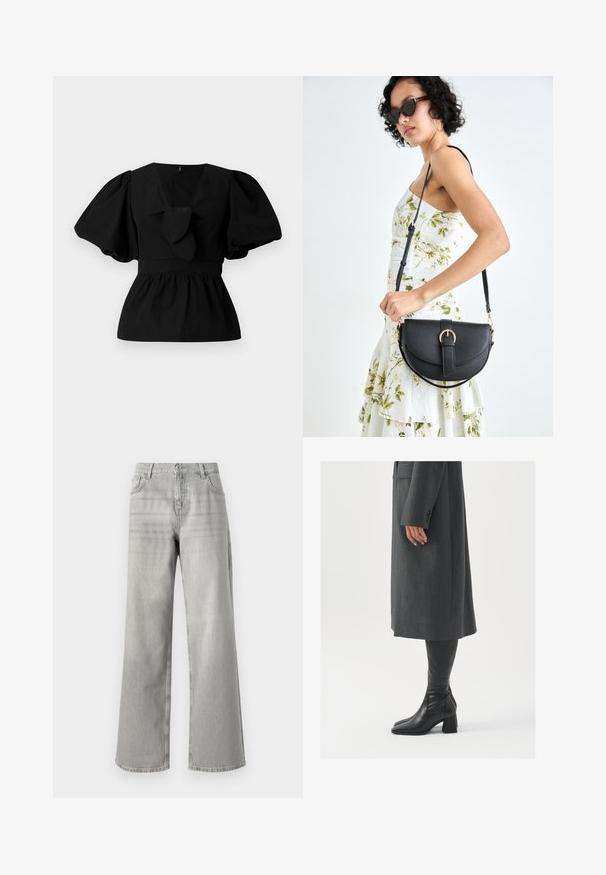 Bluză neagră din bumbac cu decolteu în V, mâneci tip puff și accent cu funda în talie. Bustul este adunat pentru un aspect peplum.; Jeans gri cu picioare largi, cu talie înaltă, din denim. Prezintă două buzunare frontale și un design curat, fără broderii.; Palton gri, croit cu un croi drept; asortat cu cizme din piele neagră, până la genunchi, cu vârf pătrat și toc chunky.; Geantă din piele neagră, cu o formă curbată, curea detașabilă și accesorii aurii. Geanta are un capac cu un detaliu tip cataramă.
