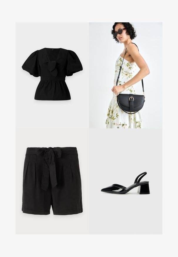 Black cotton blouse featuring a V-neck, puff sleeves, and a tie accent at the waist. The bodice is gathered for a peplum shape.; Black cotton shorts with a tie belt at the waist, pleats at the front, and side pockets. Smooth texture and casual design.; Black patent leather slingback heels with a pointed toe and a geometric block heel. Features a sleek, minimal design and smooth texture.; Black leather handbag with a curved shape, detachable strap, and gold hardware. The bag features a flap with a buckle detail.