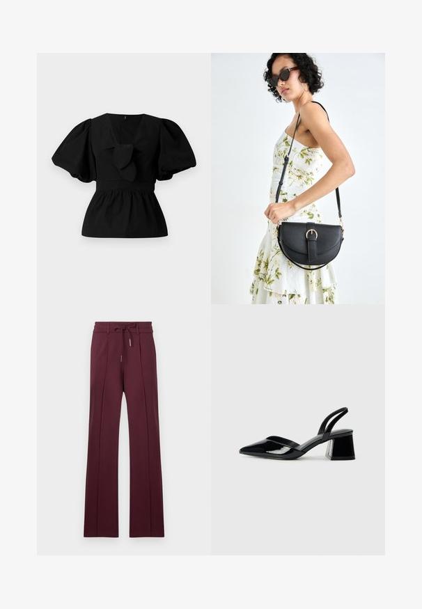 Juoda medvilninė bliuska su V formos iškirpte, pūstomis rankovėmis ir juosmens raiščiu. Viršutinė dalis suglebusi, sukurianti peplumo formą.; Burgundinės plačios kelnės, pagamintos iš minkštos medžiagos, su regoliuojama juosmens juosta ir priekinėmis raukšlėmis. Lygus apačios kraštas ir sklandžiai textura.; Juodos lakuotos odinės šlepetės su smailiu pirštu ir geometriniu bloko kulnu. Turi elegantišką, minimalistinį dizainą ir lygų paviršių.; Juodas odinis krepšys su išlenkta forma, nuimamu dirželiu ir auksiniais detalėmis. Krepšys turi kilpą su sagtimi.