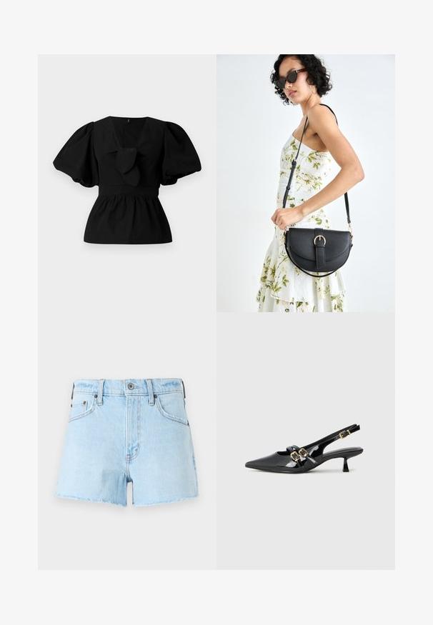 Blouse en coton noir avec un col en V, des manches bouffantes et un détail à nouer à la taille. Le corsage est froncé pour une forme peplum.; Shorts en denim bleu clair avec un ourlet effiloché, dotés de cinq poches, d'une fermeture à bouton et de coutures sur les bords.; Talons slingback en cuir verni noir avec un bout pointu, deux brides comprenant des boucles dorées, et un petit talon kitten. Texture lisse.; Sac à main en cuir noir avec une forme courbée, bandoulière amovible et des accessoires en or. Le sac est doté d'un rabat avec un détail de boucle.; Boucles d'oreilles en argent avec un design lisse et rond, et une finition polie. Elles sont fines et légères, avec un fermoir simple.