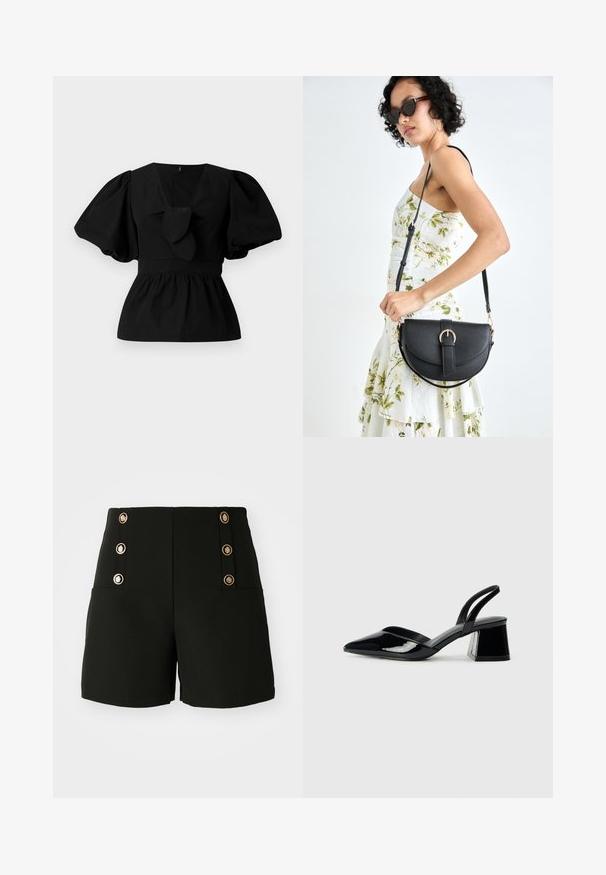 Bluză neagră din bumbac cu decolteu în V, mâneci tip puff și accent cu funda în talie. Bustul este adunat pentru un aspect peplum.; Șorturi negre cu talie înaltă, dotate cu nasturi aurii pe laterale și două buzunare în față. Realizate dintr-un material neted.; Pantofi cu toc slingback din piele lacuită neagră, cu vârf ascuțit și toc geometric. Prezintă un design elegant, minimalist și o textură netedă.; Geantă din piele neagră, cu o formă curbată, curea detașabilă și accesorii aurii. Geanta are un capac cu un detaliu tip cataramă.
